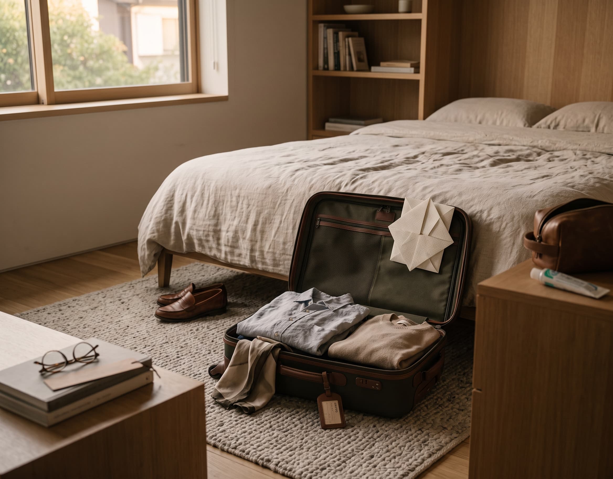 An open suitcase left half-unpacked on a bedroom floor, daylight from the window