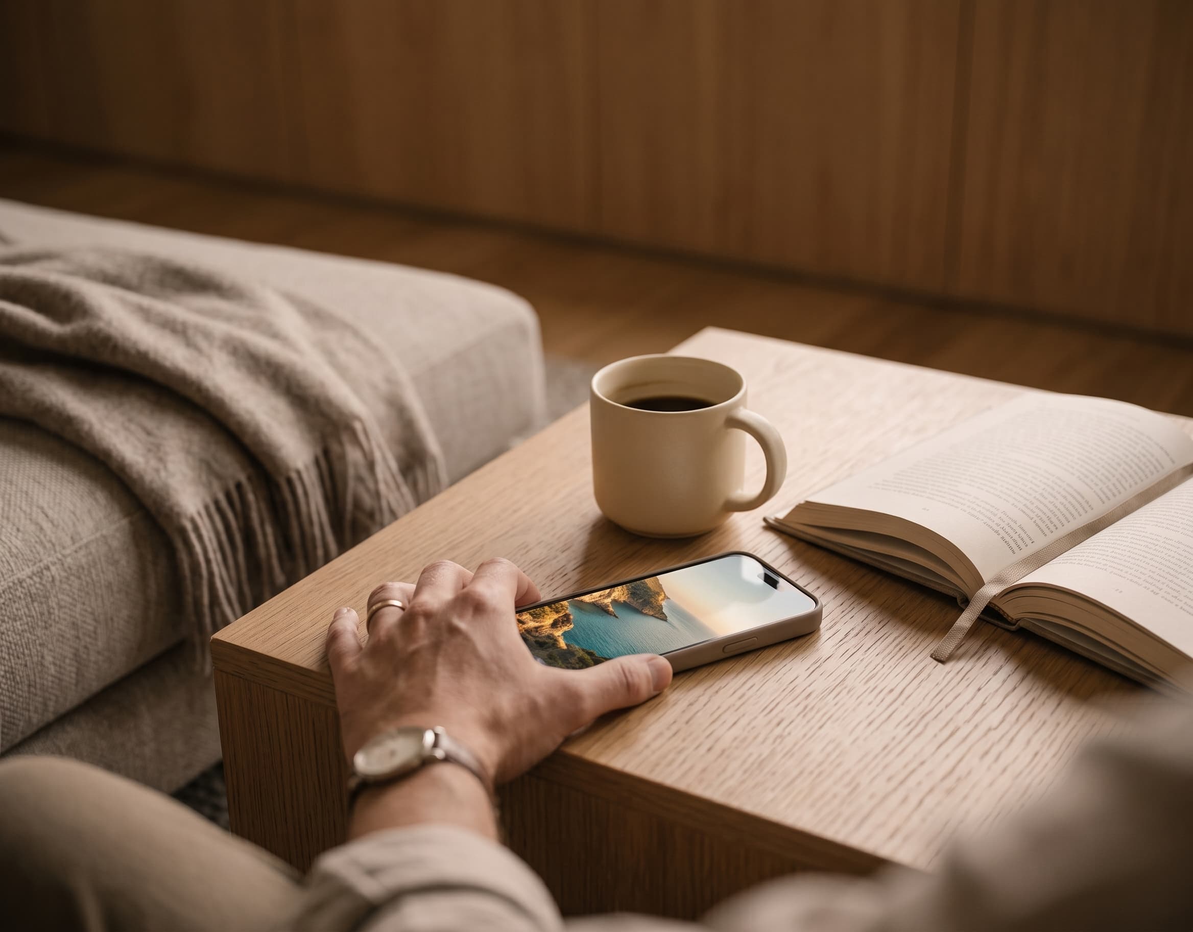 Hands holding a phone over a table with a mug and an open notebook, a place just saved