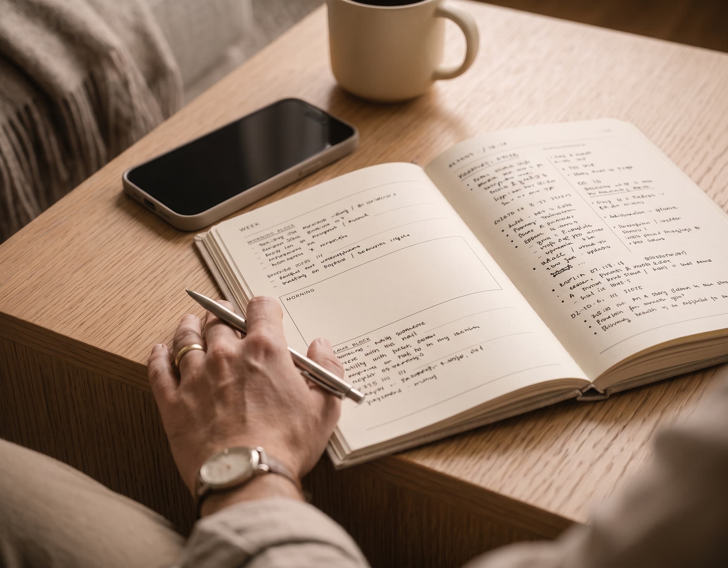 Hands writing in an open notebook at a wooden table, phone and coffee set aside