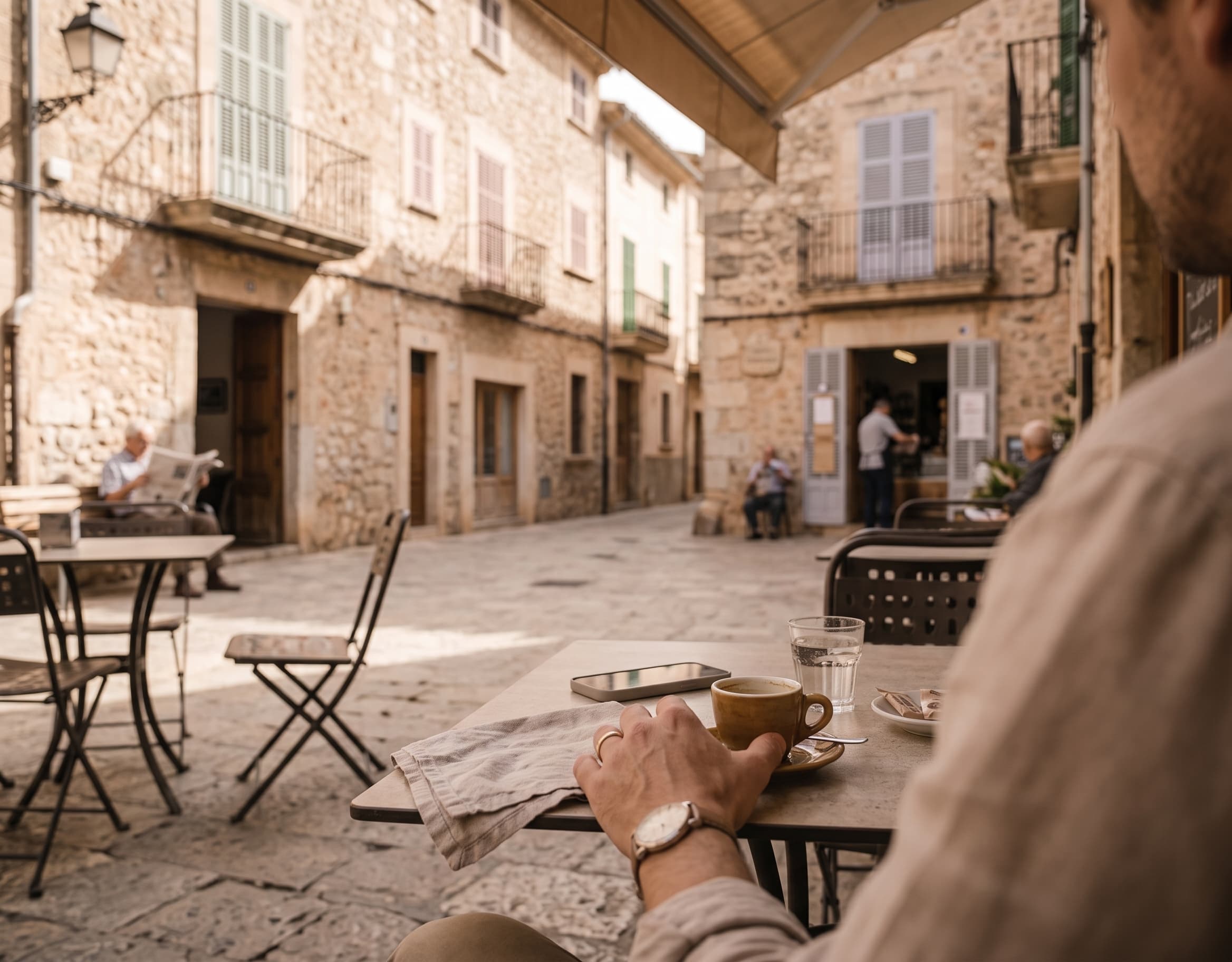 A quiet village street of stone houses with café tables out, a cup held in the foreground
