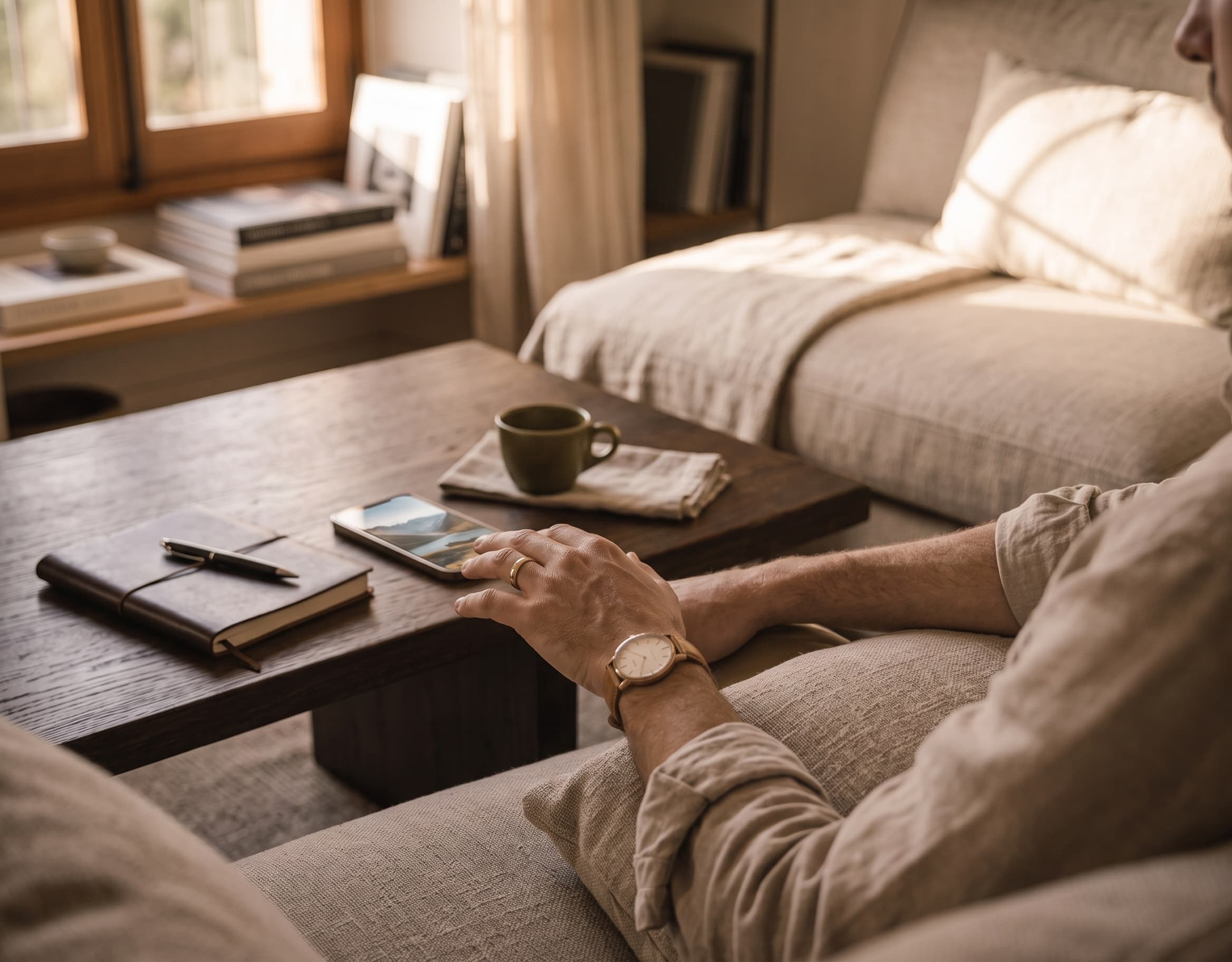 A notebook and phone on a low table in a warm living room, back home between journeys
